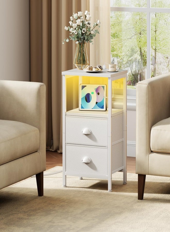 Furologee LED Night Stand with Charging Station, White Nightstand with Fabric Drawers, Bedside Table with Storage Shelf, End Table for Living Room/Bedroom/Dorm - Image 3