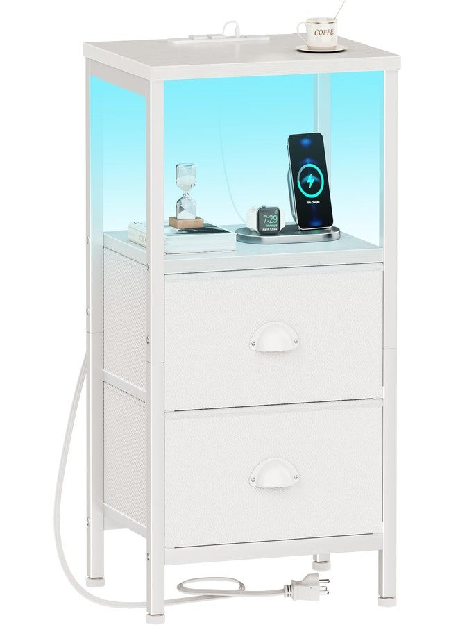Furologee LED Night Stand with Charging Station, White Nightstand with Fabric Drawers, Bedside Table with Storage Shelf, End Table for Living Room/Bedroom/Dorm - Image 1