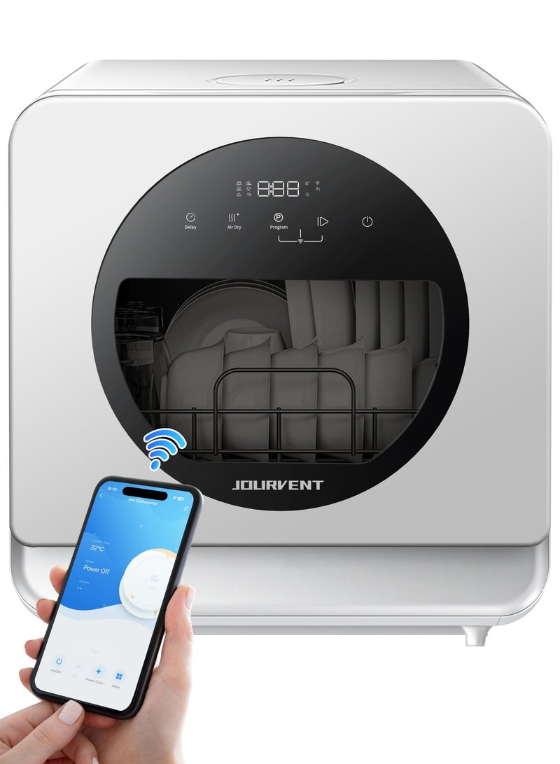 Jourvent Smart Portable Countertop Dishwasher with App Control, No Installation Required, Energy Efficient, 5L Built-in Water Tank, No Plumbing Required or Faucet Hose Connection Options, 360° Dual Spray System,UV Hygiene&Auto Air Dry, Glass Door Dishwasher, Silent operation, Mini Dishwasher for Apartments & RVs, 8 Programs, Delay program, 4 Place Settings, White - Image 1