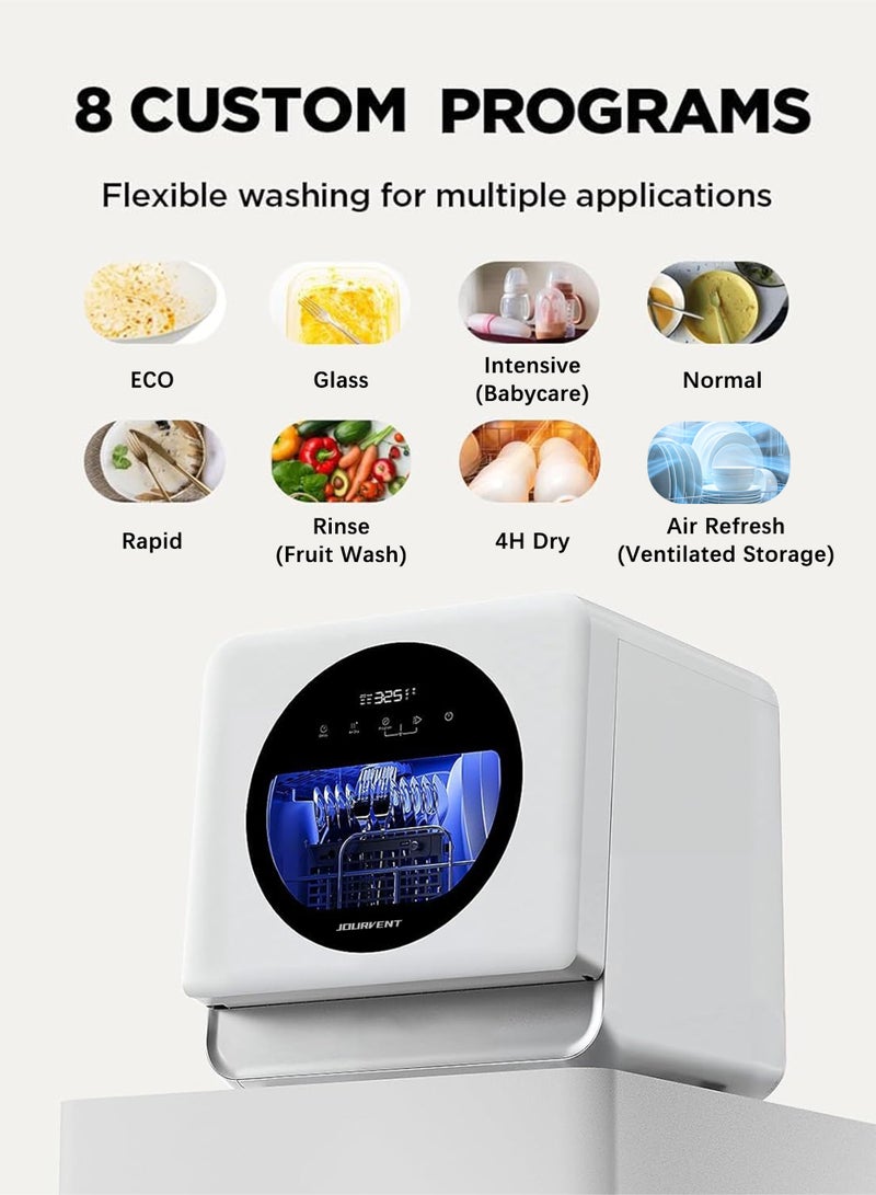 Jourvent Smart Portable Countertop Dishwasher with App Control, No Installation Required, Energy Efficient, 5L Built-in Water Tank, No Plumbing Required or Faucet Hose Connection Options, 360° Dual Spray System,UV Hygiene&Auto Air Dry, Glass Door Dishwasher, Silent operation, Mini Dishwasher for Apartments & RVs, 8 Programs, Delay program, 4 Place Settings, White - Image 3
