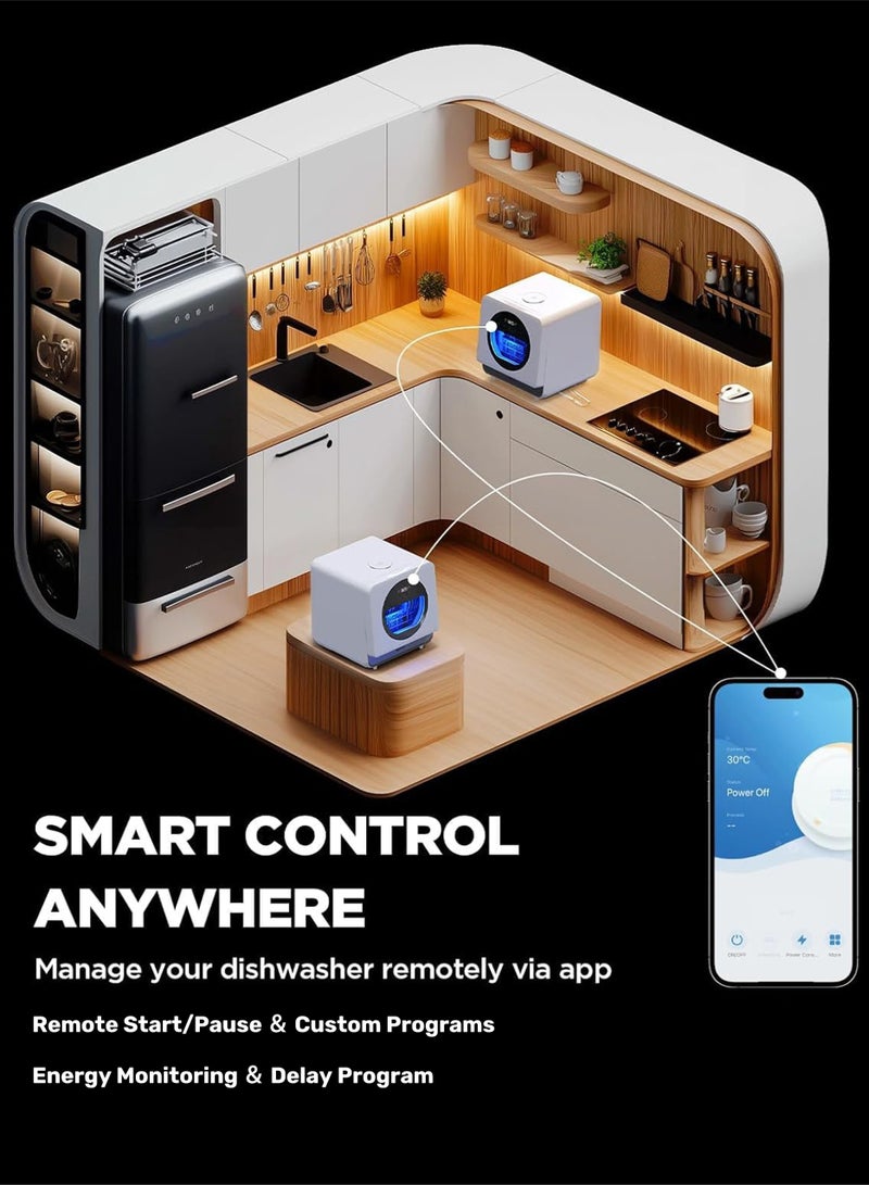 Jourvent Smart Portable Countertop Dishwasher with App Control, No Installation Required, Energy Efficient, 5L Built-in Water Tank, No Plumbing Required or Faucet Hose Connection Options, 360° Dual Spray System,UV Hygiene&Auto Air Dry, Glass Door Dishwasher, Silent operation, Mini Dishwasher for Apartments & RVs, 8 Programs, Delay program, 4 Place Settings, White - Image 2