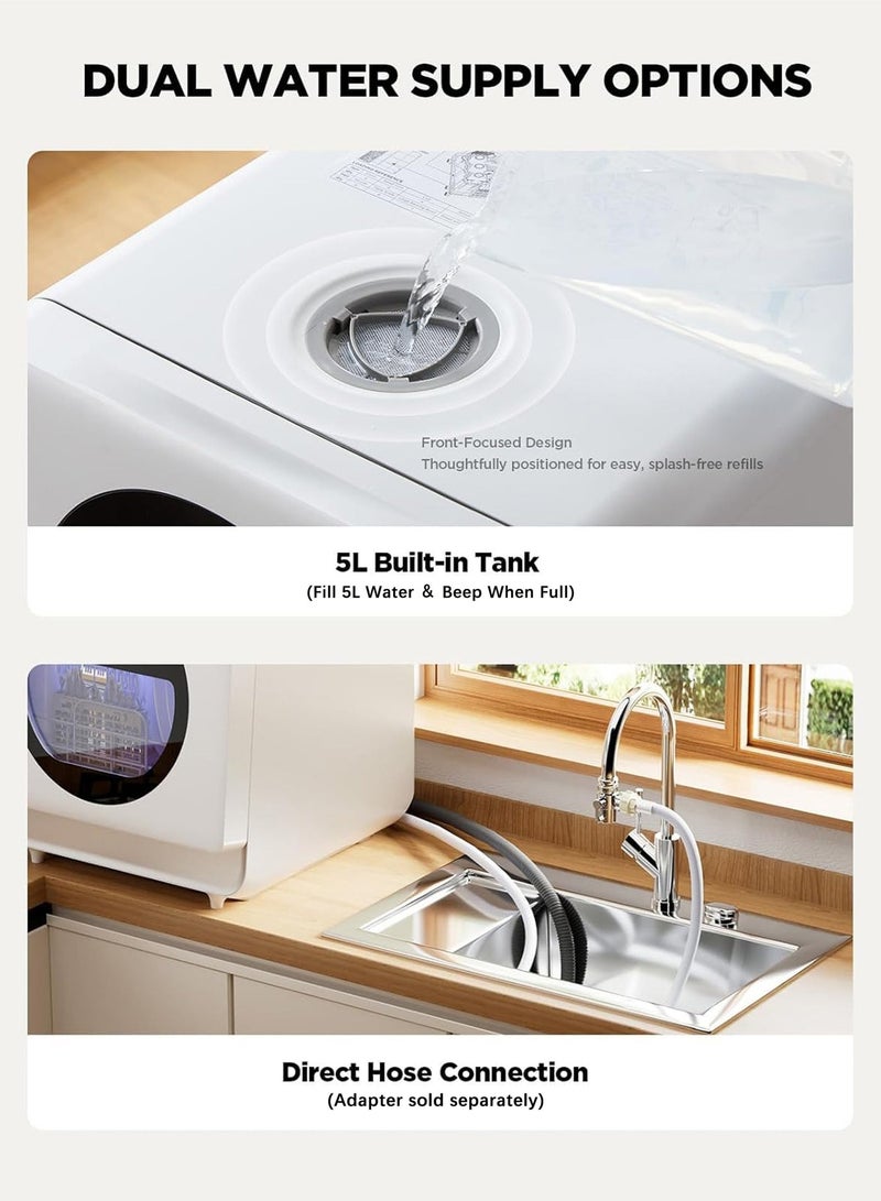 Jourvent Smart Portable Countertop Dishwasher with App Control, No Installation Required, Energy Efficient, 5L Built-in Water Tank, No Plumbing Required or Faucet Hose Connection Options, 360° Dual Spray System,UV Hygiene&Auto Air Dry, Glass Door Dishwasher, Silent operation, Mini Dishwasher for Apartments & RVs, 8 Programs, Delay program, 4 Place Settings, White - Image 5