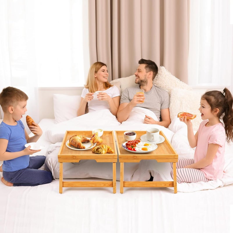 Pipishell Bamboo Bed Breakfast Tray with Foldable Legs, Handles, Ideal for Kids, Couples, Sofa, Eating, Working, Used As Laptop Desk Snack Table - 2 Pack - Image 2