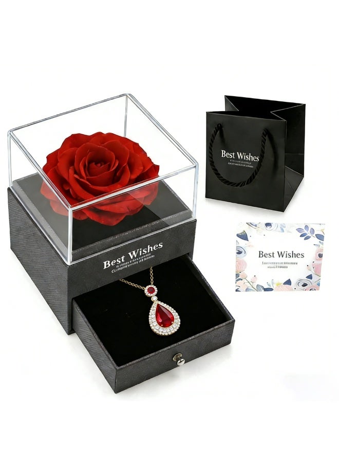 مجموعة هدايا الوردة الأبدية والقلادة للزوجة | علبة مجوهرات مع زهرة محفوظة، هدايا عيد الميلاد والذكرى السنوية للنساء - Image 1