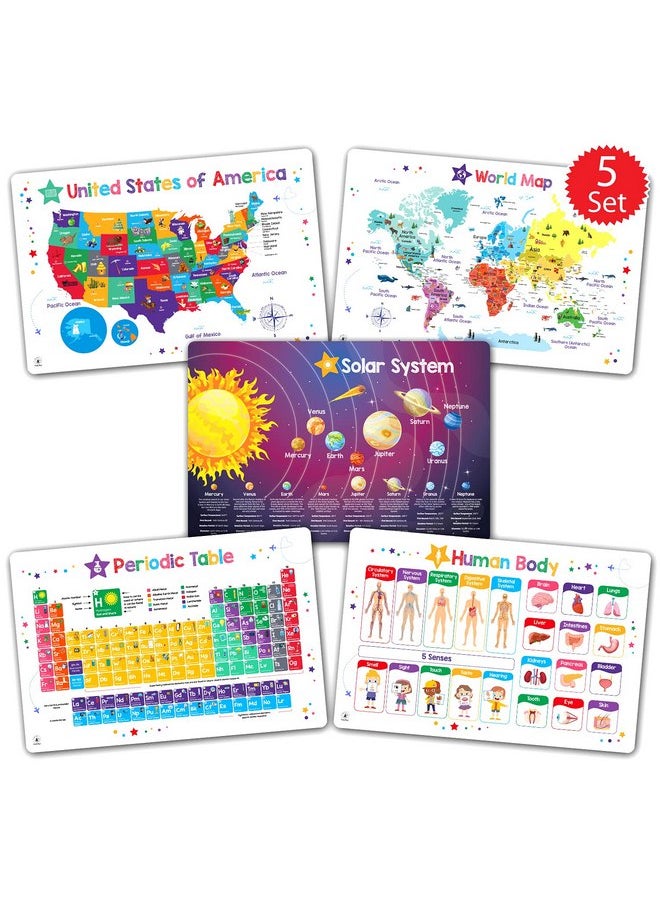 Simply magic - Simply Magic Discovery Set of 5 Educational Placemats for Kids - Kids Placemats Non Slip for Dining Table, Wipeable Reusable Plastic Placemats for Kids: USA, World Map, Periodic Table, Solar System - Image 1