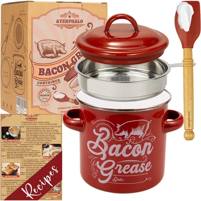 Ayerphalo Bacon Grease Container with Strainer - 46OZ Large Capacity, With Silicone Wooden Spatula, Enamel Bacon Grease Keeper for Bacon Drippings, Farmhouse Red Kitchen Decor, Dishwasher Safe - Image 1