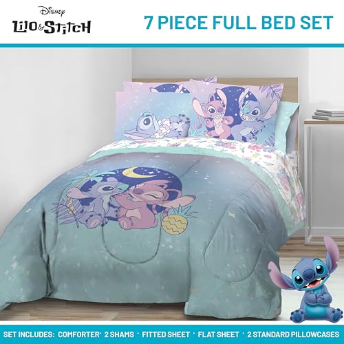 Jay Franco Disney Lilo and Stitch Full Size Comforter Set 7 Piece Floral Bedding Includes Sheet Set Pillow Covers Features Angel Super Soft Purple Teal Stars Kids Bedding - Image 3