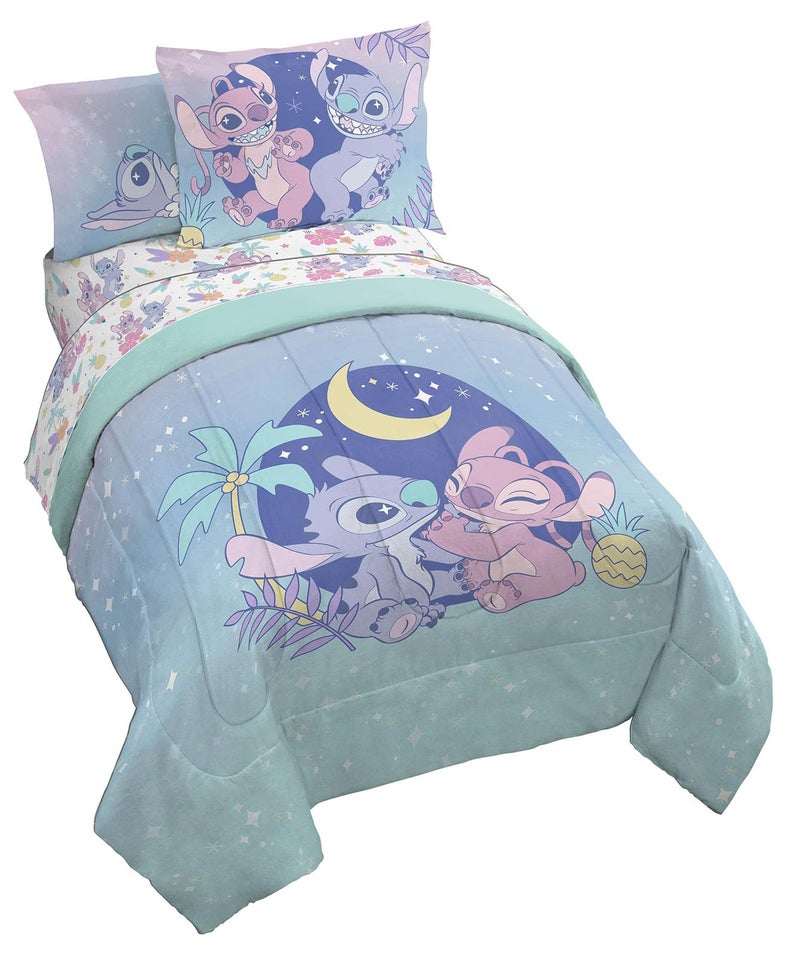 Jay Franco Disney Lilo and Stitch Full Size Comforter Set 7 Piece Floral Bedding Includes Sheet Set Pillow Covers Features Angel Super Soft Purple Teal Stars Kids Bedding - Image 2
