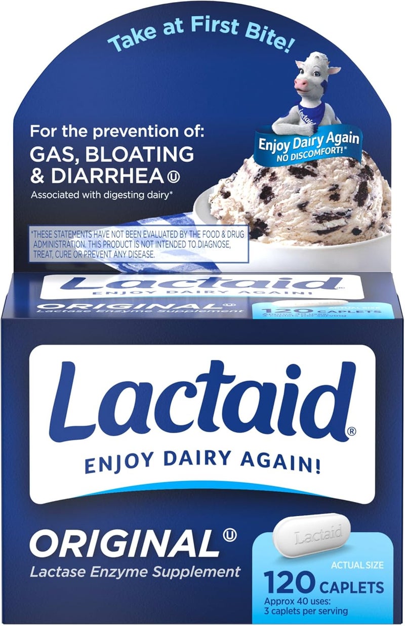 Lactaid Original Strength Lactose Intolerance Relief Caplets with Natural Lactase Enzyme, Dietary Supplement to Help Prevent Gas, Bloating & Diarrhea Due to Lactose Sensitivity, 120 ct