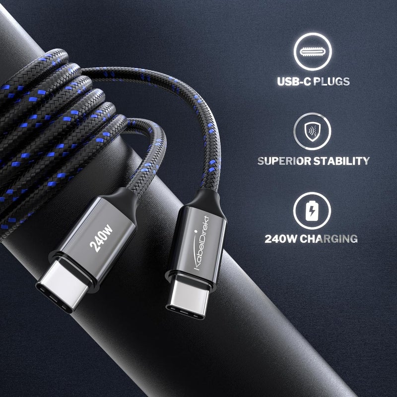 كيبل دايركت كابل KabelDirekt – كابل USB C للشحن السريع، قابس معدني مقاوم للكسر + تجديل نايلون ثابت، USB 2.0 – 2 متر (يشحن الهواتف/أجهزة الكمبيوتر المحمولة بقدرة 240 واط، شديد المتانة، يعمل ككابل شحن/بيانات) - Image 2