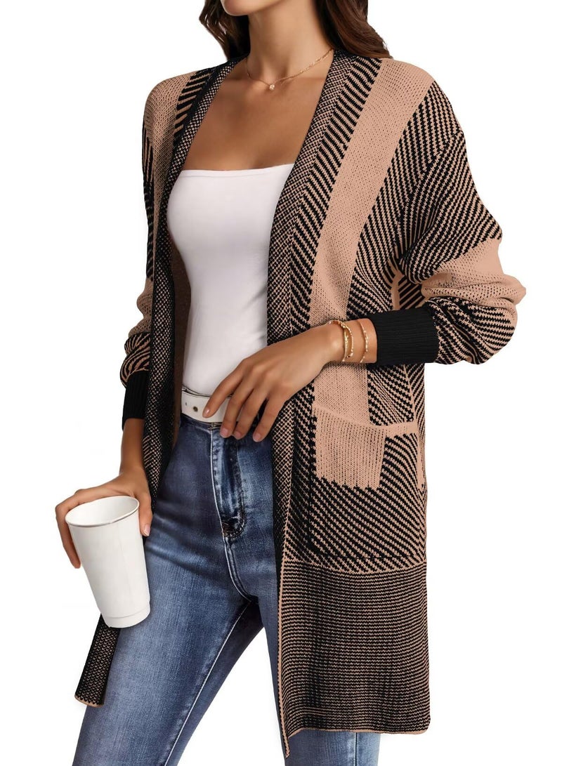 Astylish Chunky Cardigan Sweaters for Women Oversized Casual Fall Fashion Business Work Color Block Long Sleeve Open Front Outwear with Pockets Black Large - Image 5