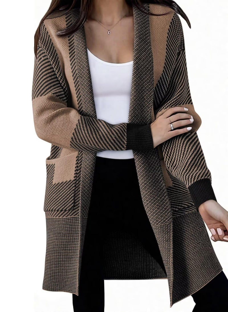 Astylish Chunky Cardigan Sweaters for Women Oversized Casual Fall Fashion Business Work Color Block Long Sleeve Open Front Outwear with Pockets Black Large - Image 1
