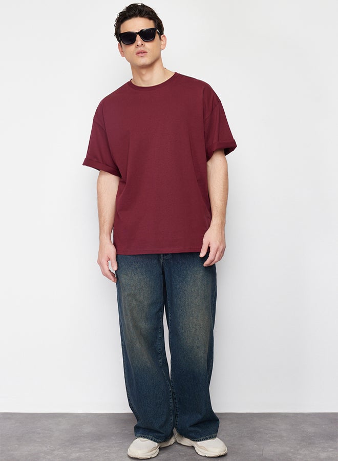 trendyol Claret Red Oversize/Wide Cut Basic 100% Cotton T-shirt - Image 4