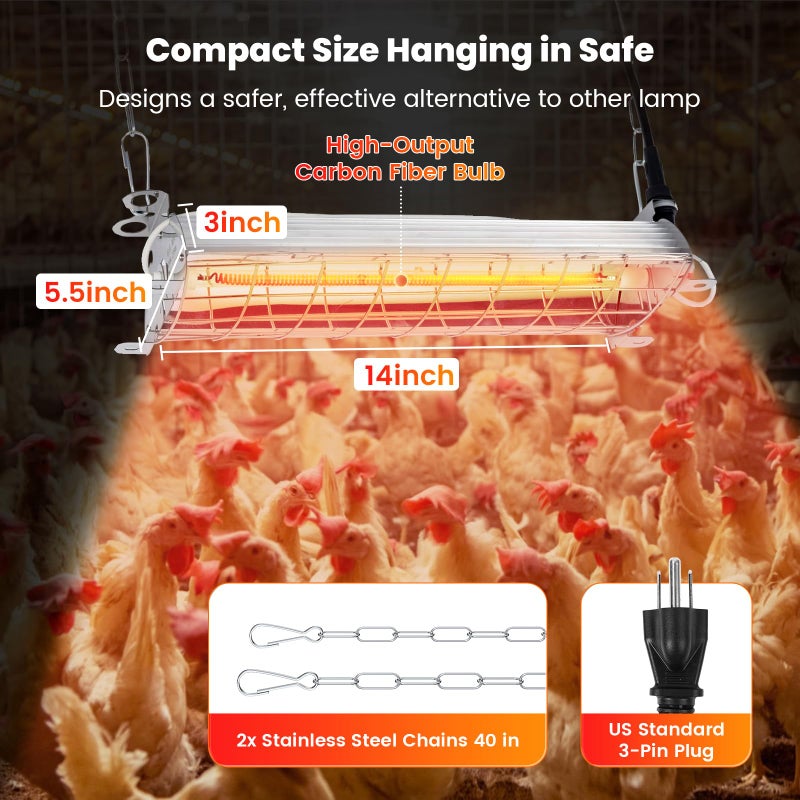 Chtoocy Large 400W Heat Lamp for 60 Chicks, Chicken Coop Heater with Carbon Fiber Bulb Chicks Brooder Plates, Adjust 2 Mode Temp&Hanging Height for Pet House Livestock Greenhouse 14x5.5x3IN - Image 2