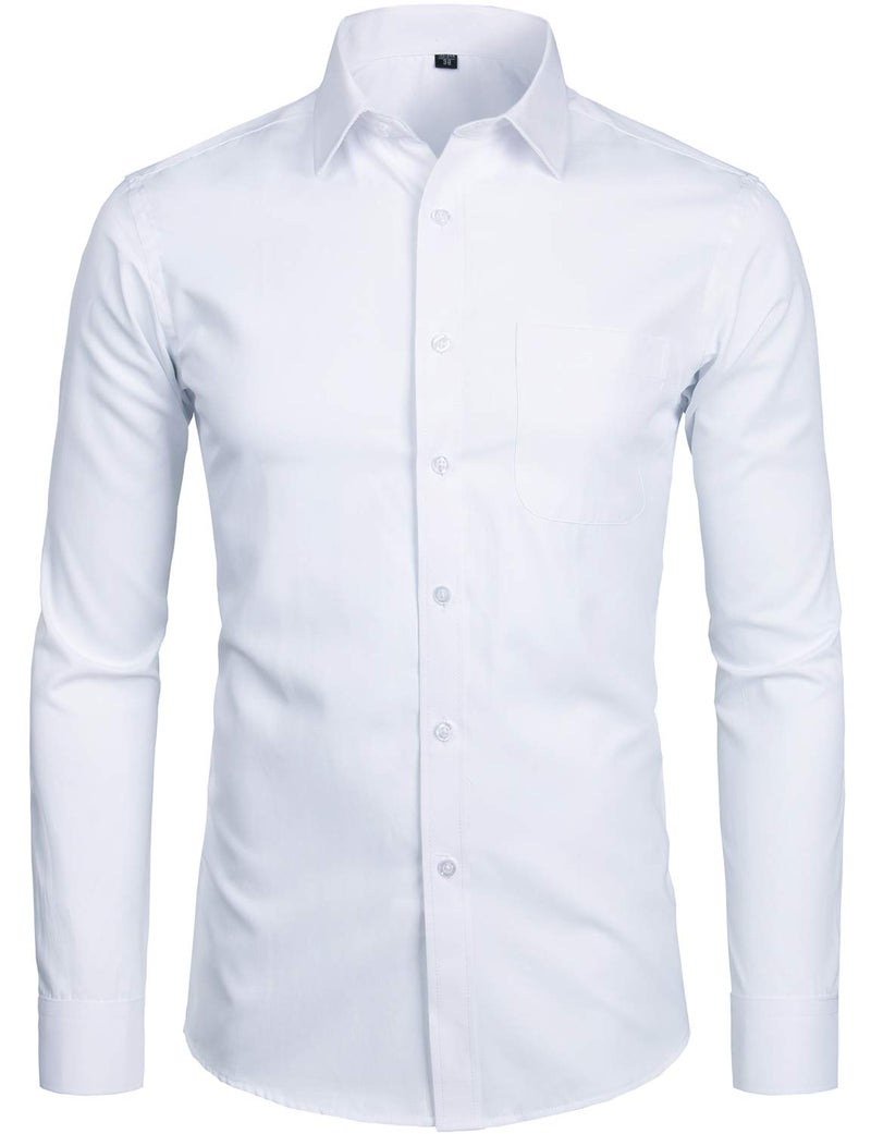 ZEROYAA Men's Long Sleeve Dress Shirt Solid Slim Fit Casual Business Formal Button Up Shirts with Pocket ZSSCL01 White Small - Image 1