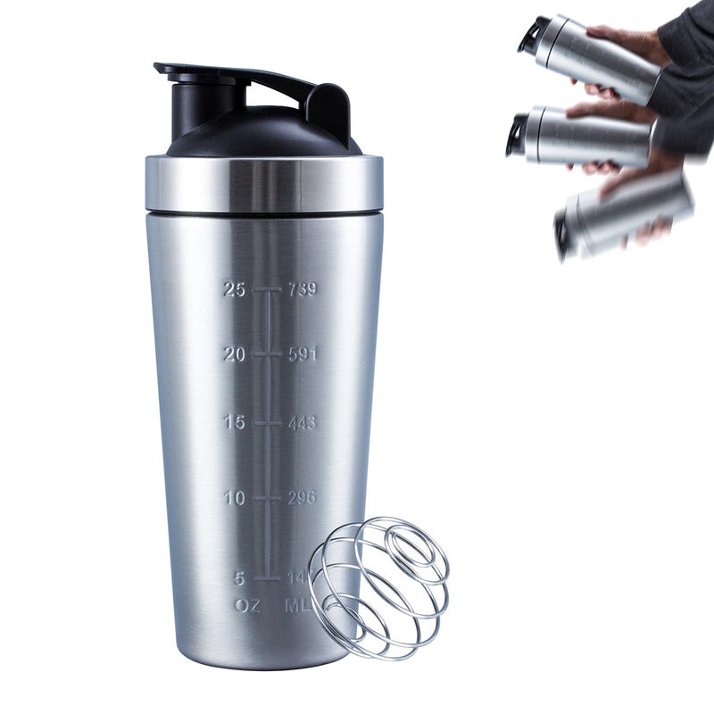 VALESKA Shaker Bottle with Wire Whisk Protein Shaker Bottle for Protein Mixes Stainless Steel Shaker Bottle Metal Shaker BottleLarge Shaker Bottle 25oz 739ml BPA FreeLeak Proof Design