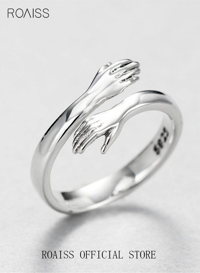 roaiss Love Embrace Couple Rings, Simple Fashion Embrace Rings, Open Couple Rings, Finger Ring Hug Shape Adjustable Size for Women, Silver - Image 1