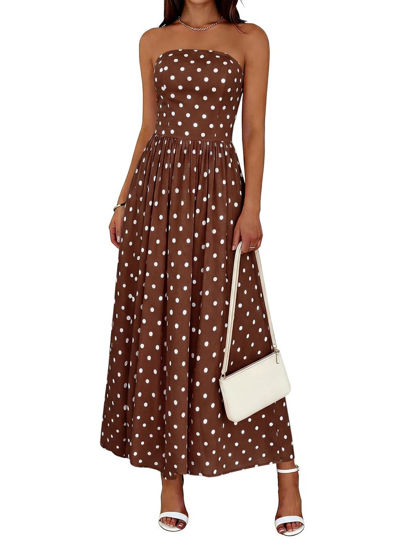 Wenrine Womens Polka Dot Strapless Dress Summer Smocked Tube Top Casual Sleeveless Swing Flowy Maxi Dresses with Pockets - Image 1