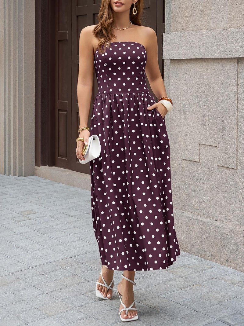 Wenrine Womens Polka Dot Strapless Dress Summer Smocked Tube Top Casual Sleeveless Swing Flowy Maxi Dresses with Pockets - Image 5