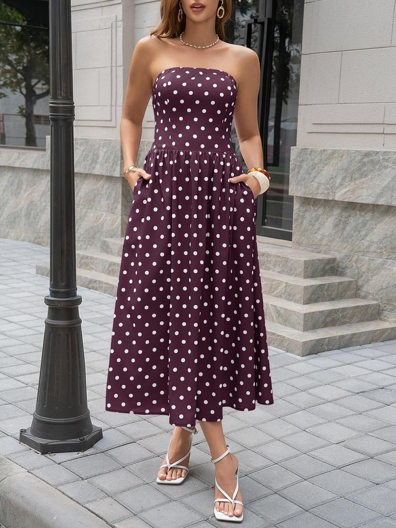 Wenrine Womens Polka Dot Strapless Dress Summer Smocked Tube Top Casual Sleeveless Swing Flowy Maxi Dresses with Pockets - Image 2