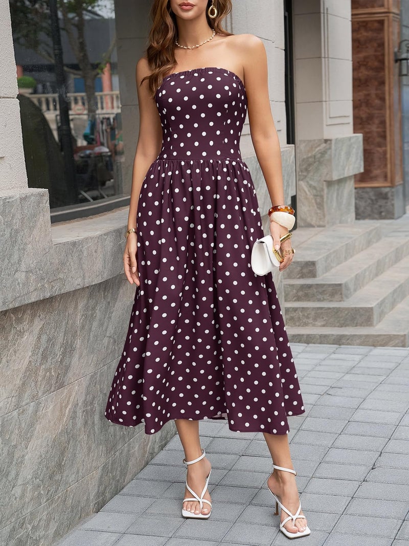 Wenrine Womens Polka Dot Strapless Dress Summer Smocked Tube Top Casual Sleeveless Swing Flowy Maxi Dresses with Pockets - Image 4