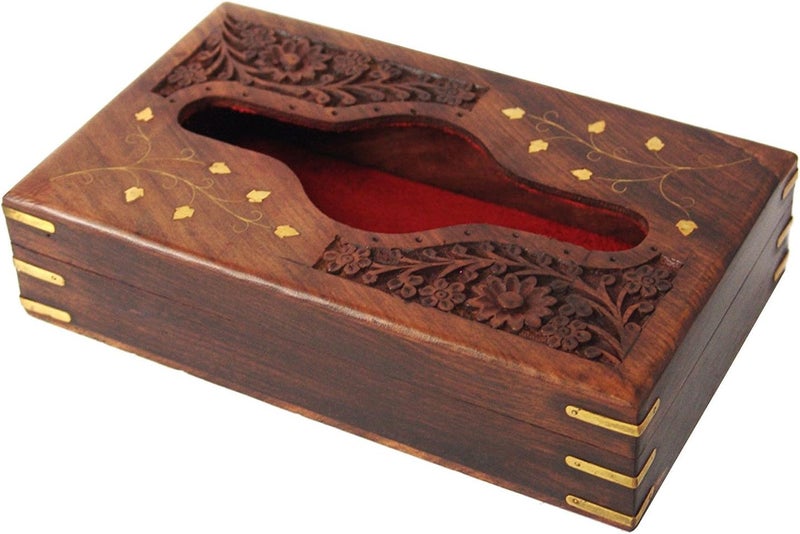 ITOS365 Handmade Wooden Tissue Box Cover with Brass Inlay & Velvet Interior | Decorative Rectangular Napkin Holder | 9 x 5 x 3 Inches - Image 1