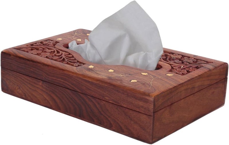 ITOS365 Handmade Wooden Tissue Box Cover with Brass Inlay & Velvet Interior | Decorative Rectangular Napkin Holder | 9 x 5 x 3 Inches - Image 4