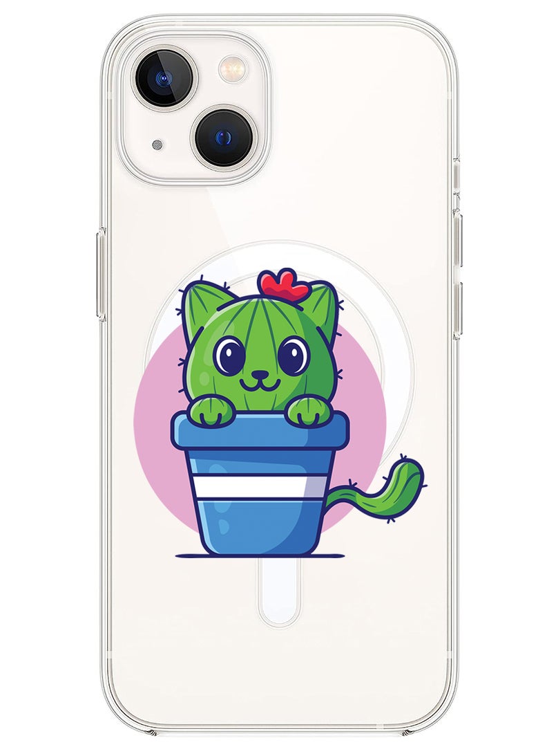 Theodor Magnetic Case for iPhone 13 6.1-inch Compatible with MagSafe Wireless Charging, Shockproof Phone Bumper Cover Cute Cat Cactus - Image 1