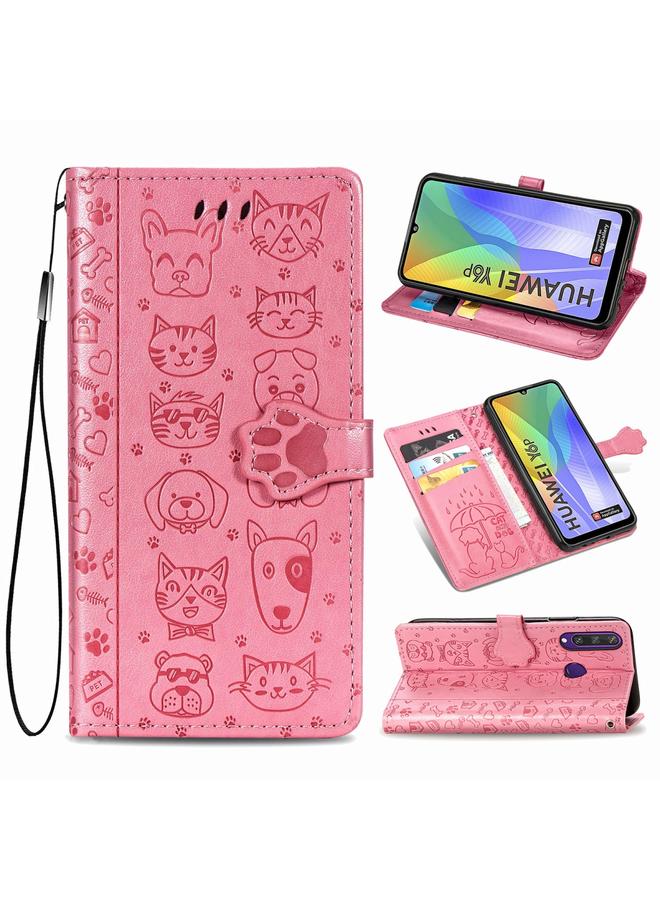 اس-توب جراب لهاتف Huawei Y6P، جراب جلدي أفقي منقوش عليه قطة وكلب لطيف مع حامل / فتحة بطاقة / محفظة / حبل - Image 1