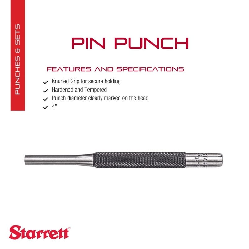 Starrett Drive Pin Punch with Knurled Grip for Driving Pins Into or Out of a Workpiece - Hardened and Tempered Steel, 4" Length, 7/32" Punch Diameter - 565F - Image 2