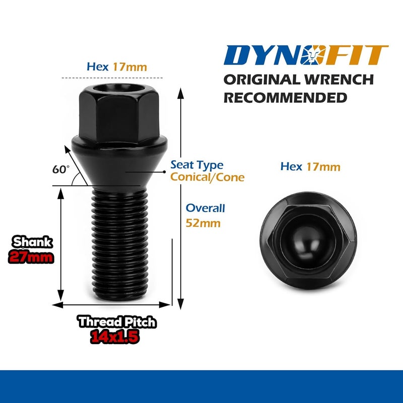 dynofit Store 14x1.5 Lug Bolts Compatible with Audi,27mm Shank 52mm Tall Conical Seat Aftermarket Wheel Bolts for A1 A2 A3 A4 A8 S1 S2 S3 S4 S7 S8, Fit CC Golf Jetta Lavida Se Boxster Cayman Macan Panamera - Image 2
