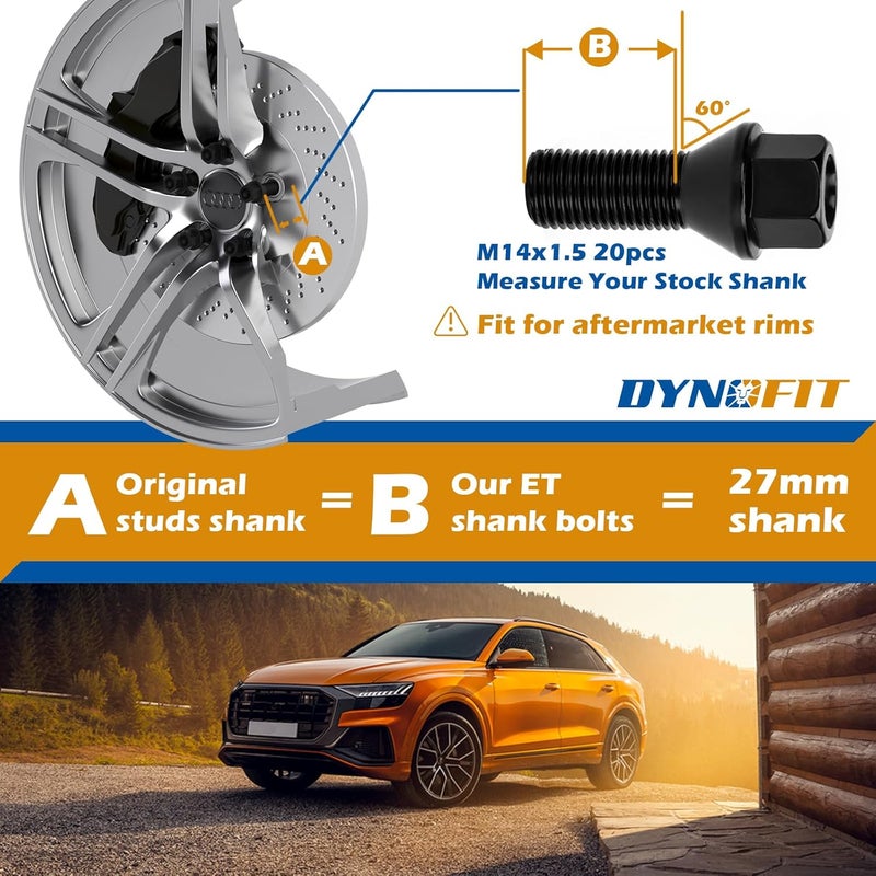 dynofit Store 14x1.5 Lug Bolts Compatible with Audi,27mm Shank 52mm Tall Conical Seat Aftermarket Wheel Bolts for A1 A2 A3 A4 A8 S1 S2 S3 S4 S7 S8, Fit CC Golf Jetta Lavida Se Boxster Cayman Macan Panamera - Image 4