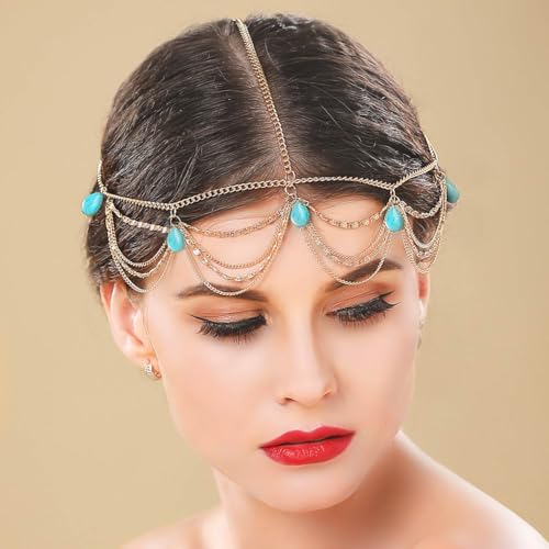 Barogirl Gold Head Chain Jewelry Turquoise Headpiece Boho Hair Chain for Women and Girls - Image 5