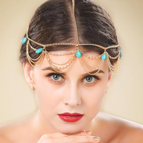 Barogirl Gold Head Chain Jewelry Turquoise Headpiece Boho Hair Chain for Women and Girls - Image 3