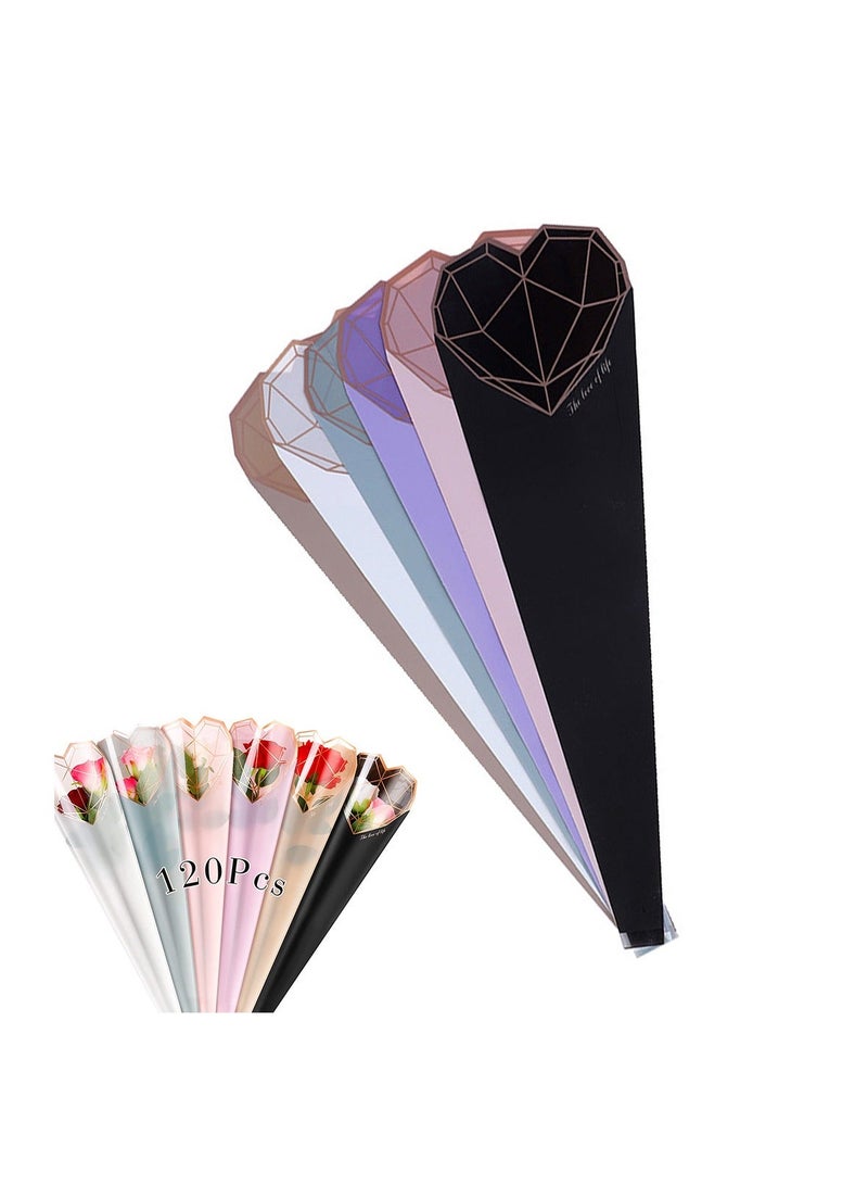 120 Pcs Single Rose Sleeve Bouquet Bags, Plastic Single Flower Wrapping, Florist Bouquet Supplies, Rose Packaging For Father's Day Graduation Wedding Birthday 1.18 x 5.91 x 19.69 Inch 6 Colors - Image 1