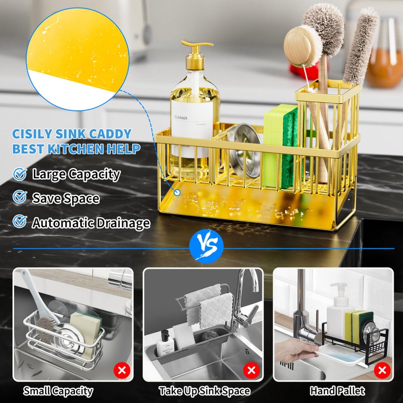 Cisily Gold Kitchen Sink Caddy Organzier With High Brush Holder  Sponge Holder For Sink  304 Rustproof Stainless  Kitchen Countertop Soap Dispenser Organizer  Home Decor And Accessories - Image 3