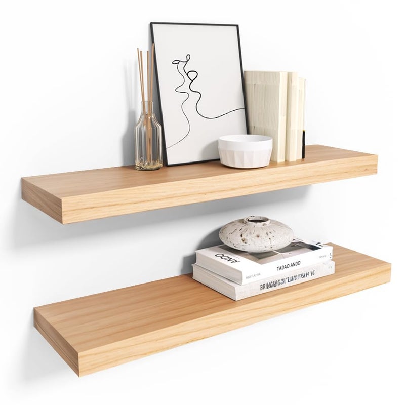 Habudda Floating Shelves Wooden Wall Shelf for Rustic Decor Hanging Display Shelving for Bedroom Bathroom Kitchen Living Room Natural Wood Invisible Bracket 2366716 2Pack
