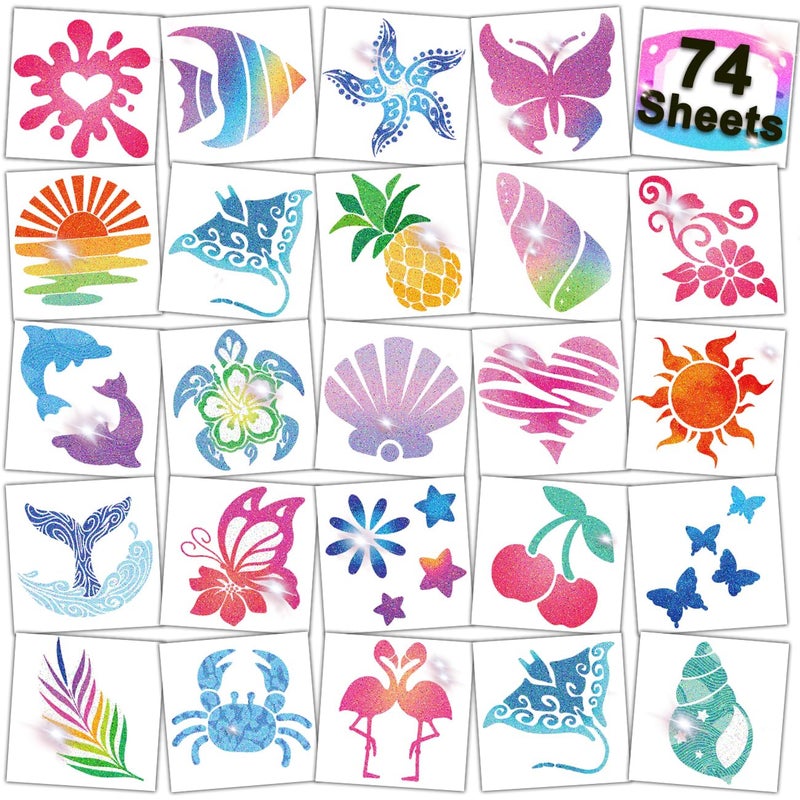 CHARLENT Glitter Temporary Tattoos for Aloha Party Decoration - 74 Individually Sheets Glitter Summer Tattoos for Kids Women Hawaiian Party Favors - Image 1