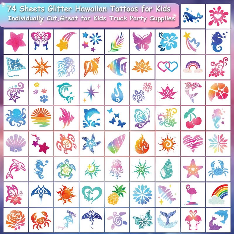 CHARLENT Glitter Temporary Tattoos for Aloha Party Decoration - 74 Individually Sheets Glitter Summer Tattoos for Kids Women Hawaiian Party Favors - Image 2