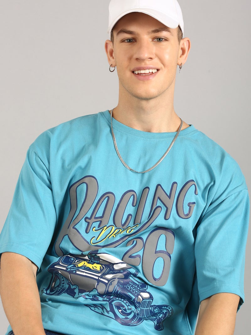 جوفن تيشيرت رجالي قطن خالص واسع مطبوع باللون الأزرق السماوي - Image 2