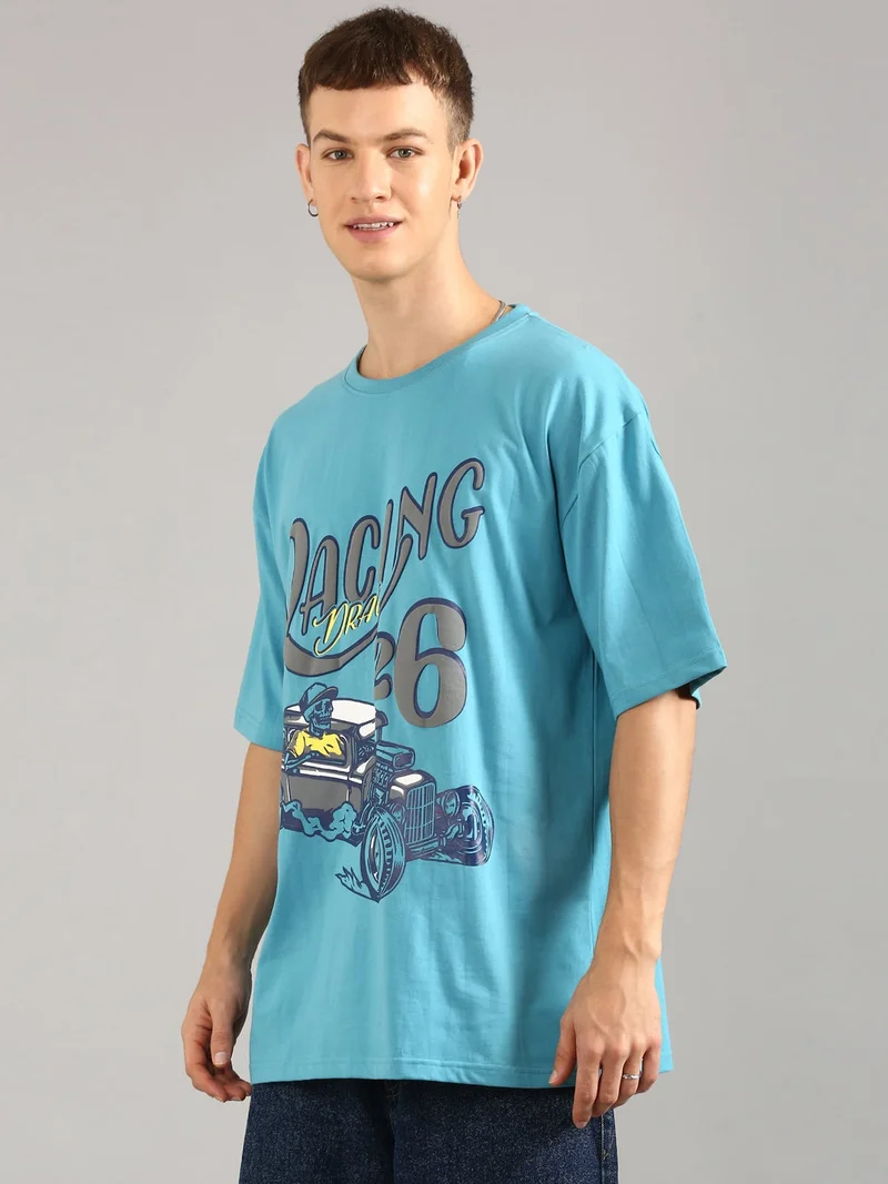 Joven Men Sky Blue Printed Pure Cotton Oversized T-Shirt