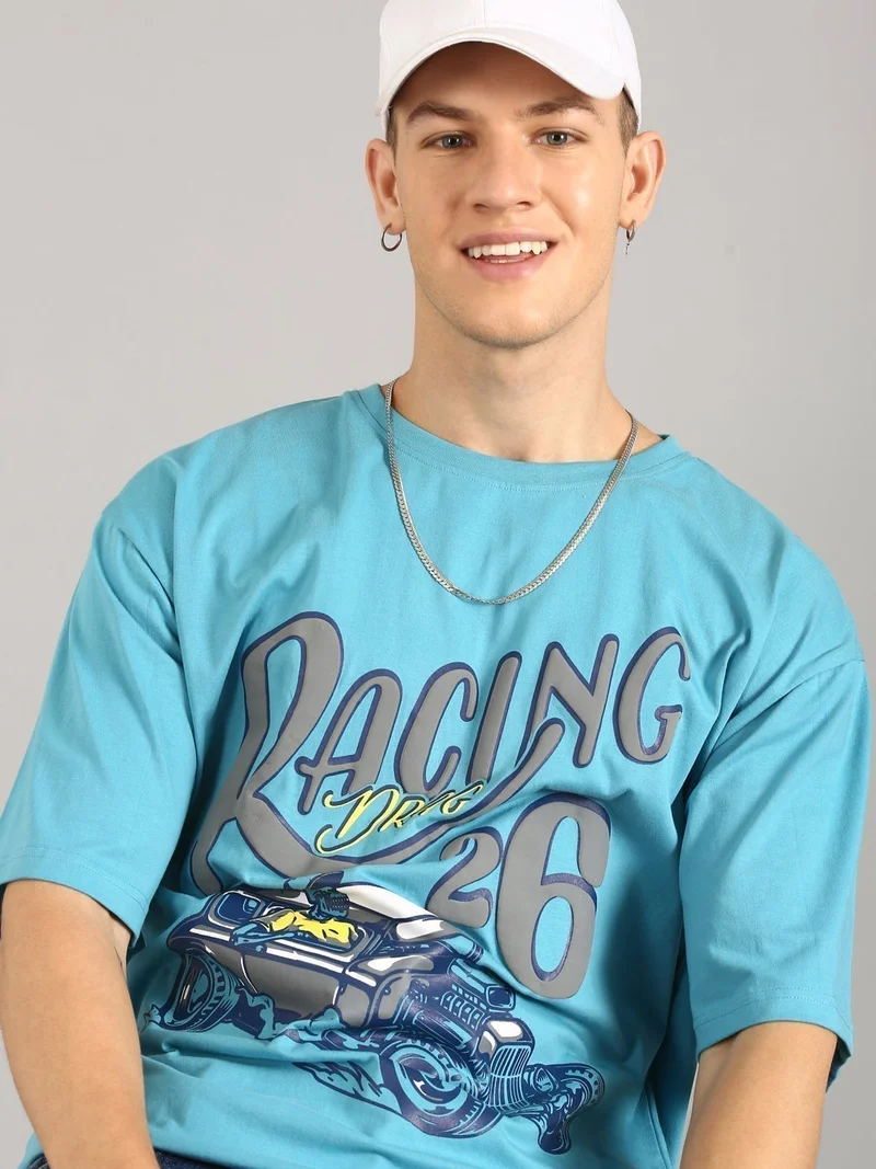 Joven Men Sky Blue Printed Pure Cotton Oversized T-Shirt