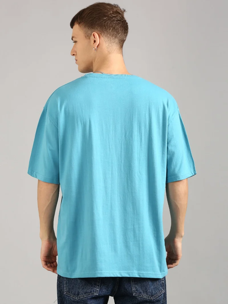 Joven Men Sky Blue Printed Pure Cotton Oversized T-Shirt