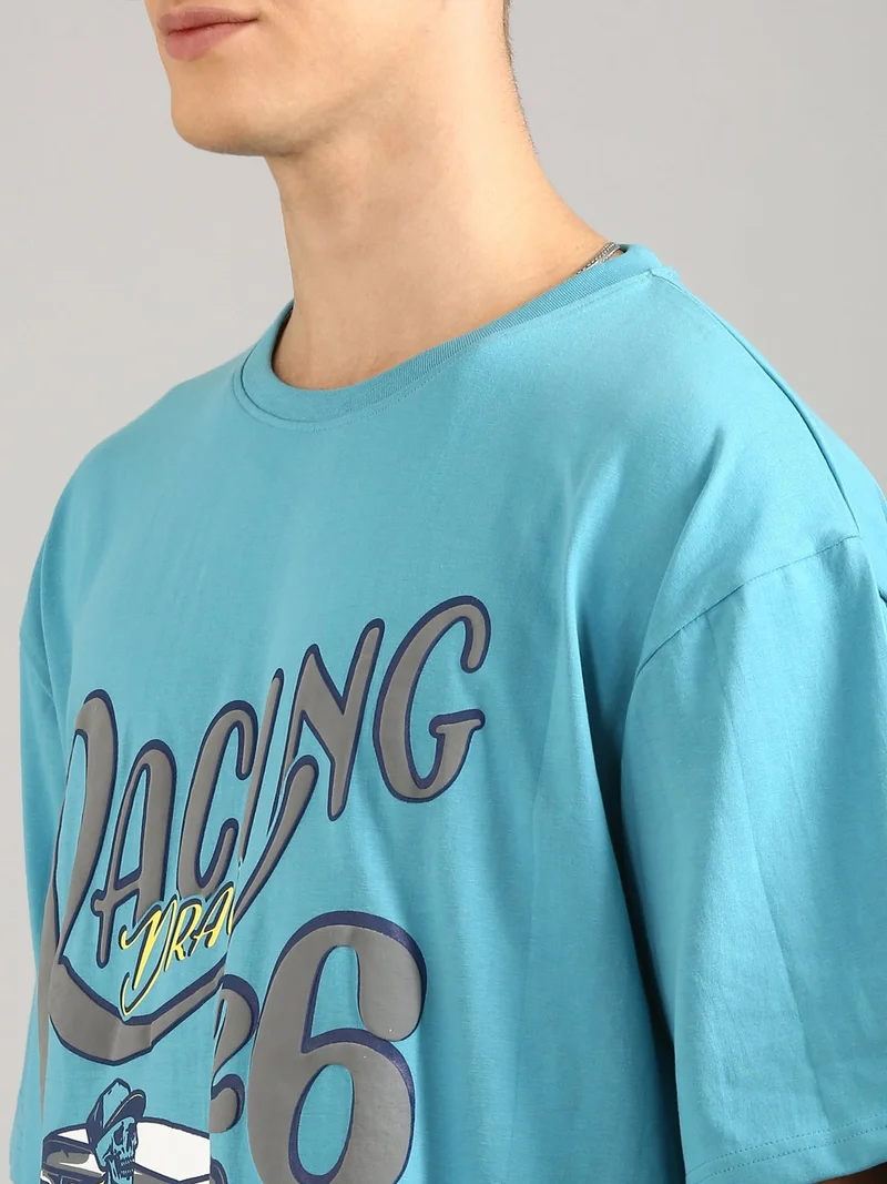 Joven Men Sky Blue Printed Pure Cotton Oversized T-Shirt