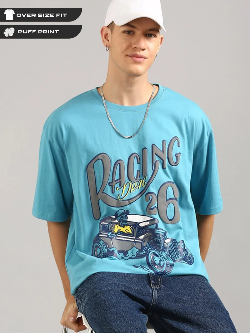 Joven Men Sky Blue Printed Pure Cotton Oversized T-Shirt