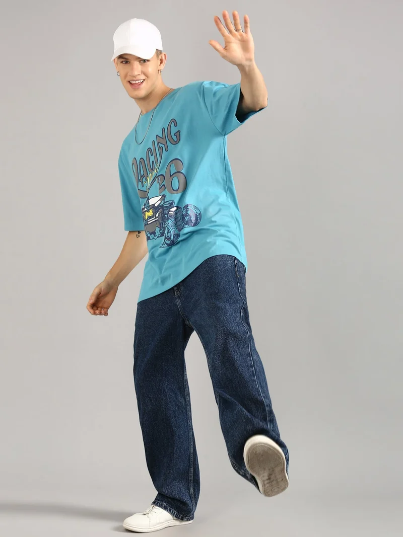 Joven Men Sky Blue Printed Pure Cotton Oversized T-Shirt