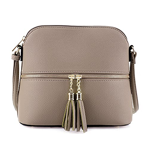 SG SUGU Lunar Lightweight Medium Dome Crossbody Bag Shoulder Bag with Double Tassels | Zipper Pocket | Adjustable Strap|Khaki - Image 1