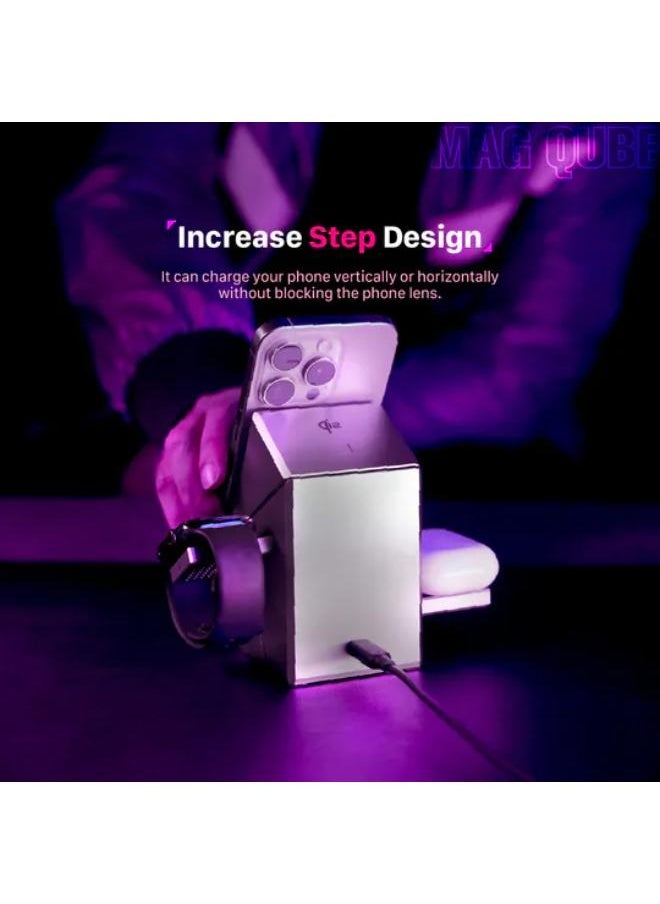 SHOPI - Mag Qube Qi2 3-in-1 Magnetic Wireless Charger, 15W Fast Charging Station for iPhone 12/13/14/15/16, Apple Watch & AirPods | Qi2 Intelligent Charger - Image 1