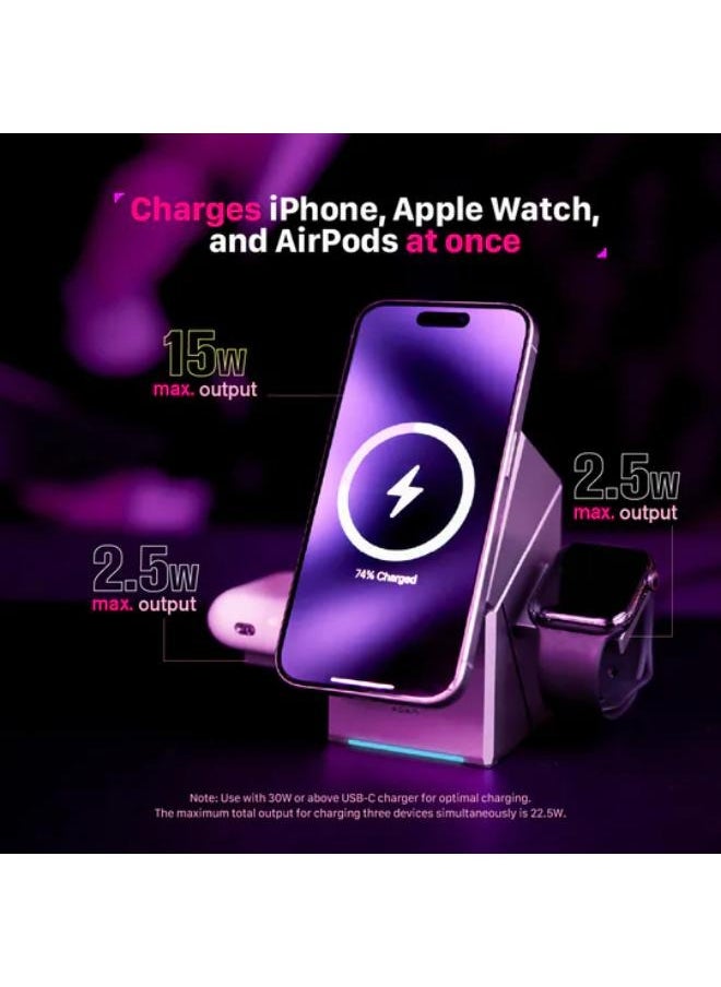 SHOPI - Mag Qube Qi2 3-in-1 Magnetic Wireless Charger, 15W Fast Charging Station for iPhone 12/13/14/15/16, Apple Watch & AirPods | Qi2 Intelligent Charger - Image 1