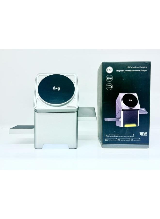 SHOPI - Mag Qube Qi2 3-in-1 Magnetic Wireless Charger, 15W Fast Charging Station for iPhone 12/13/14/15/16, Apple Watch & AirPods | Qi2 Intelligent Charger - Image 1